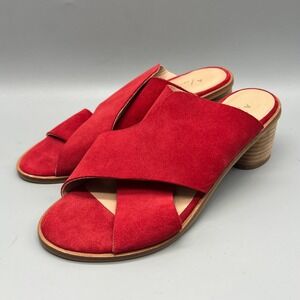Anthropologie Red Suede Crossover Block Heel Slide Sandals Mules Womens Size 38